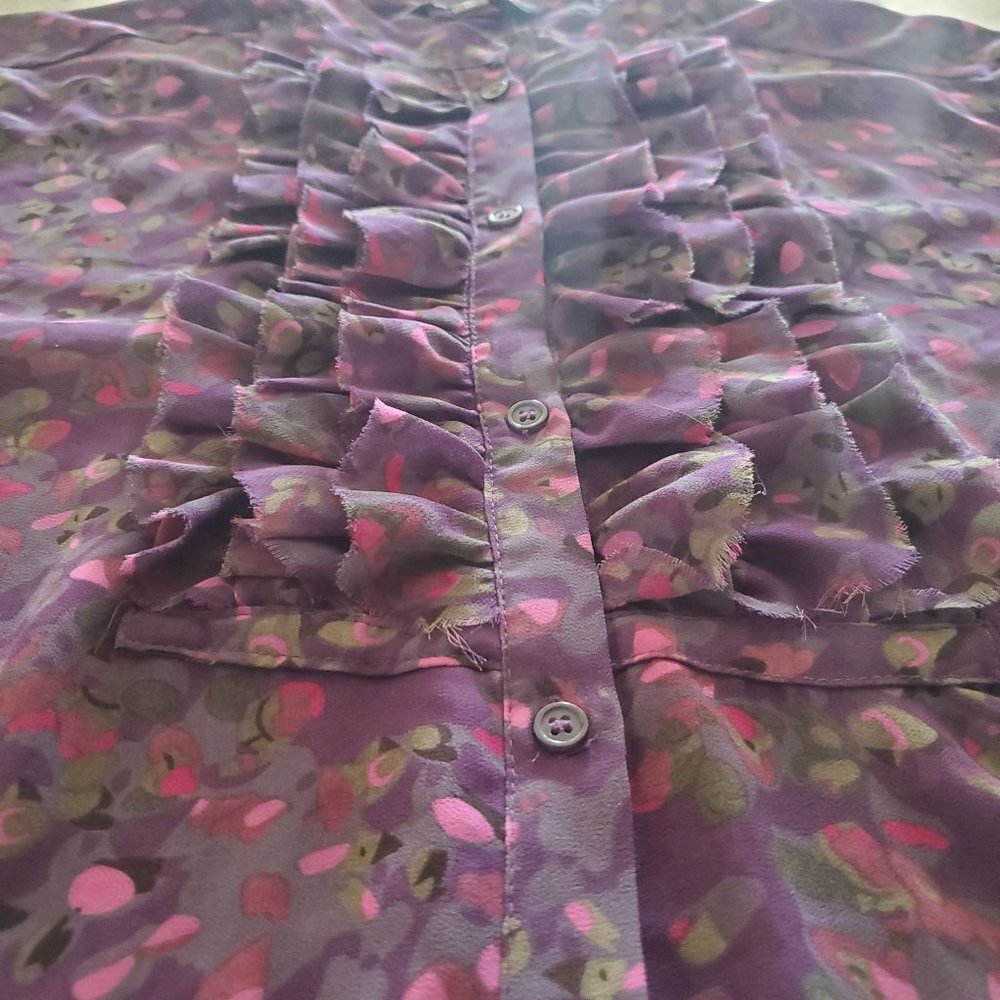 Jessica Art Deco Abstract Pattern Ruffle  Front Button Down Blouse - Picture 8 of 11
